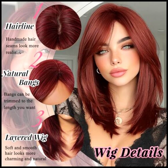 Long Layered Synthetic Wig with Bangs Straight Medium Length Hair main image 5